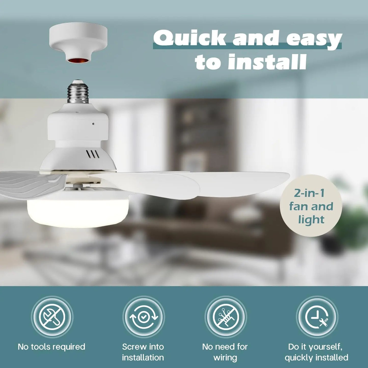 Ceiling fan with light fixture being installed, with text indicating ease of installation.

