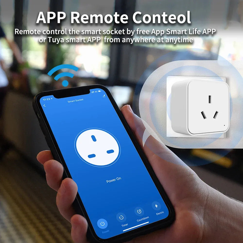 Smart socket controlled by a smartphone app with a blurred indoor background

