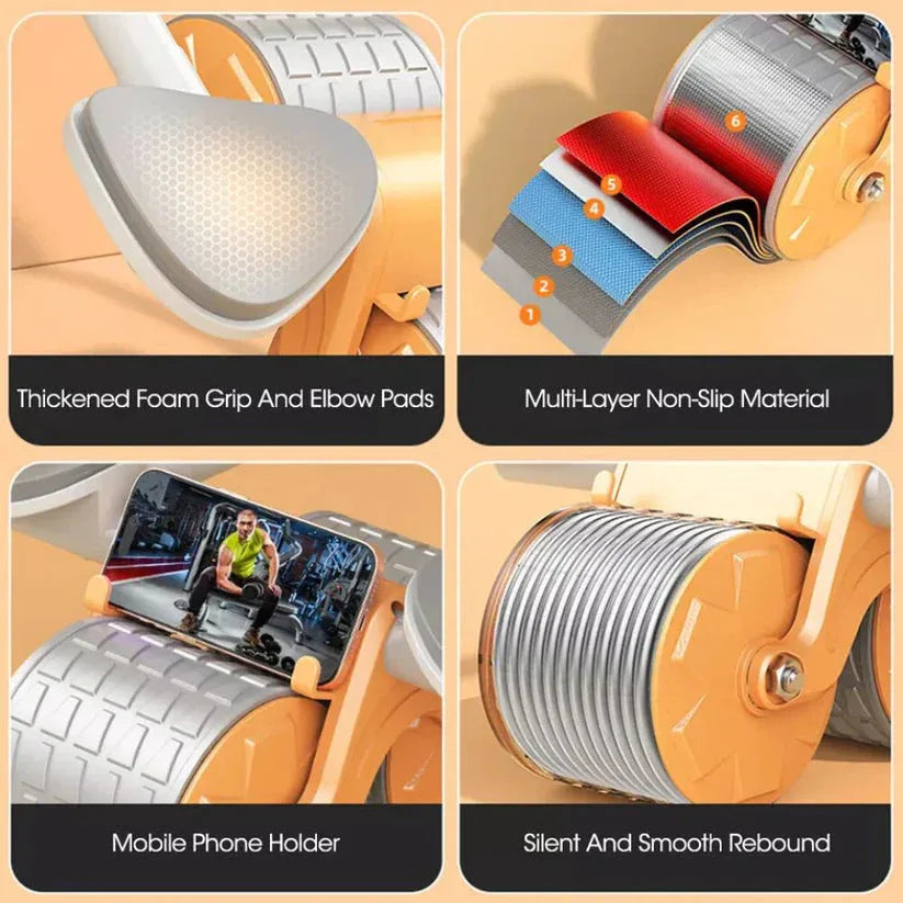 Collage of a roller with features highlighted on an orange background

