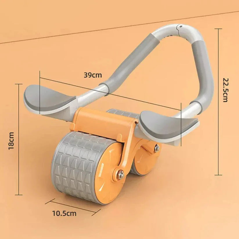 Handheld roller with measurements on an orange background

