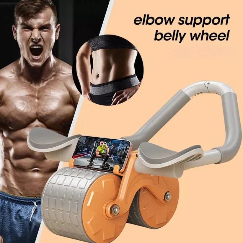 Fitness equipment with smartphone display and text 'elbow support belly wheel' on a peach background.

