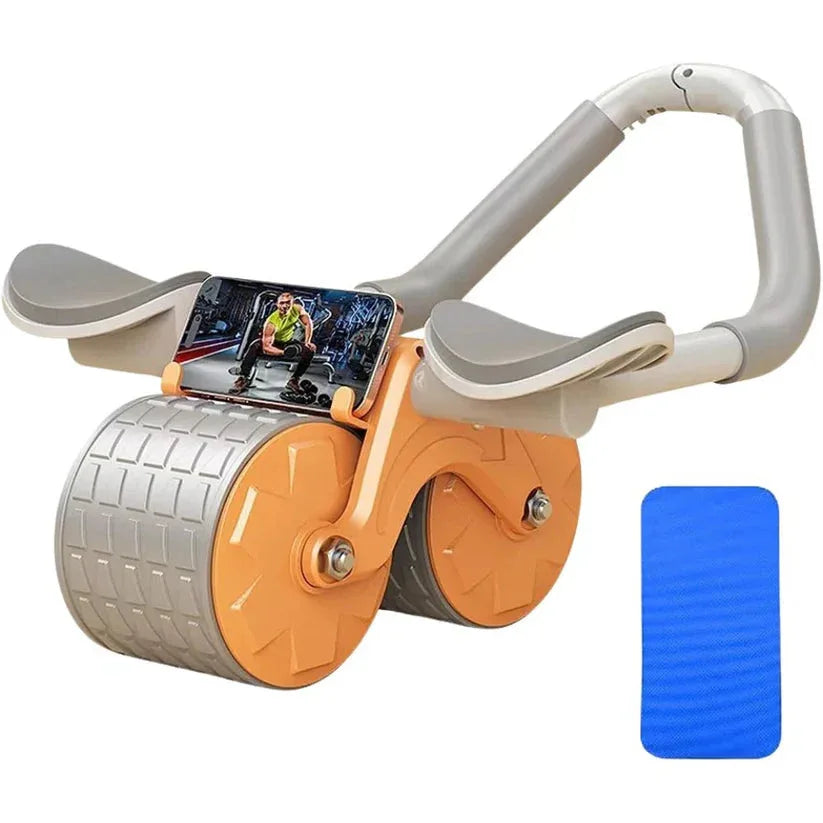 Massage roller with smartphone holder and blue mat on a white background

