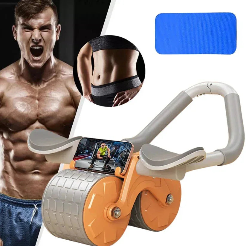 Fitness equipment with smartphone display, muscular man, and close-up of waist.


