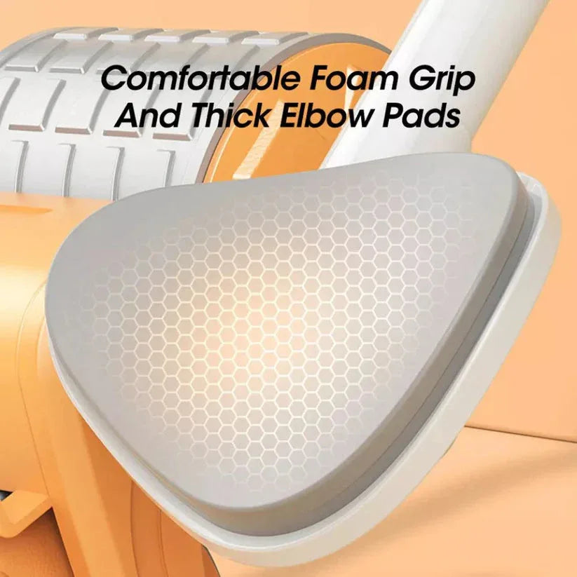 Close-up of a golf club with foam grip and elbow pads on an orange background

