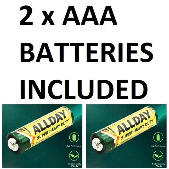 Two AAA batteries with 'Allday Super Heavy Duty' label on a green background, text indicating '2 x AAA Batteries Included'.

