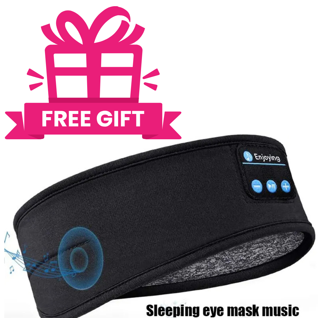 Black sleeping eye mask with Bluetooth controls and 'Free Gift' pink box on white background

