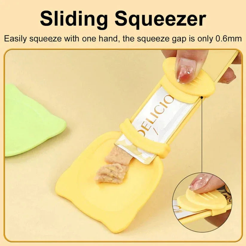 Yellow sliding squeezer with a close-up of a hand squeezing it, on a beige background.


