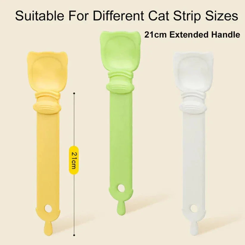 Three silicone tools in yellow, green, and white with extended handles on a beige background.


