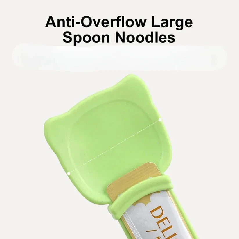 Green spoon with a cat ear design on a white background, labeled 'Anti-Overflow Large Spoon Noodles'.

