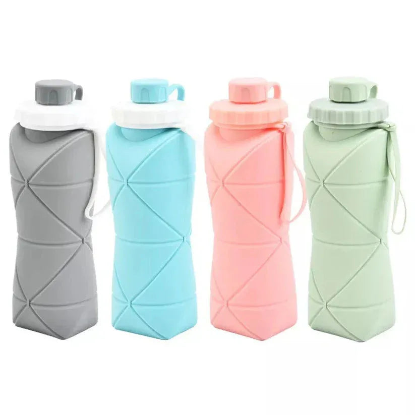 Four collapsible water bottles in gray, blue, pink, and green on a white background

