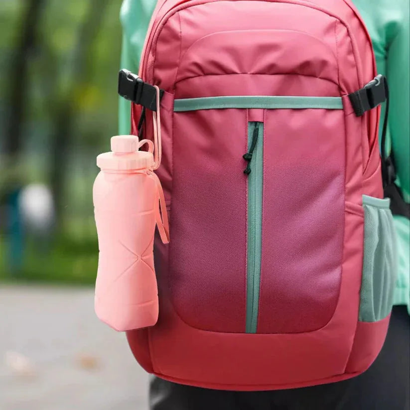 Pink backpack with a pink water bottle attached, outdoors.

