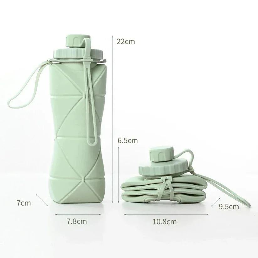 Green collapsible water bottle with measurements on a white background

