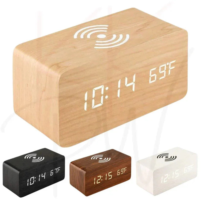 Wooden digital clock with LED display on a white background

