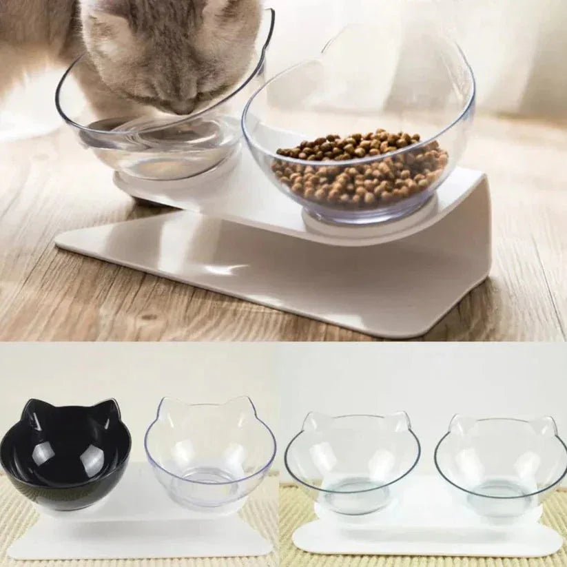 Cat using a elevated pet feeder with two bowls on a wooden surface.

