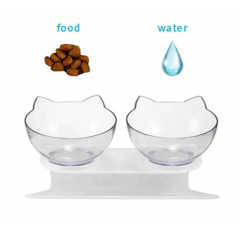 Cat-shaped food and water bowls with pet food and water droplet icons on a white background


