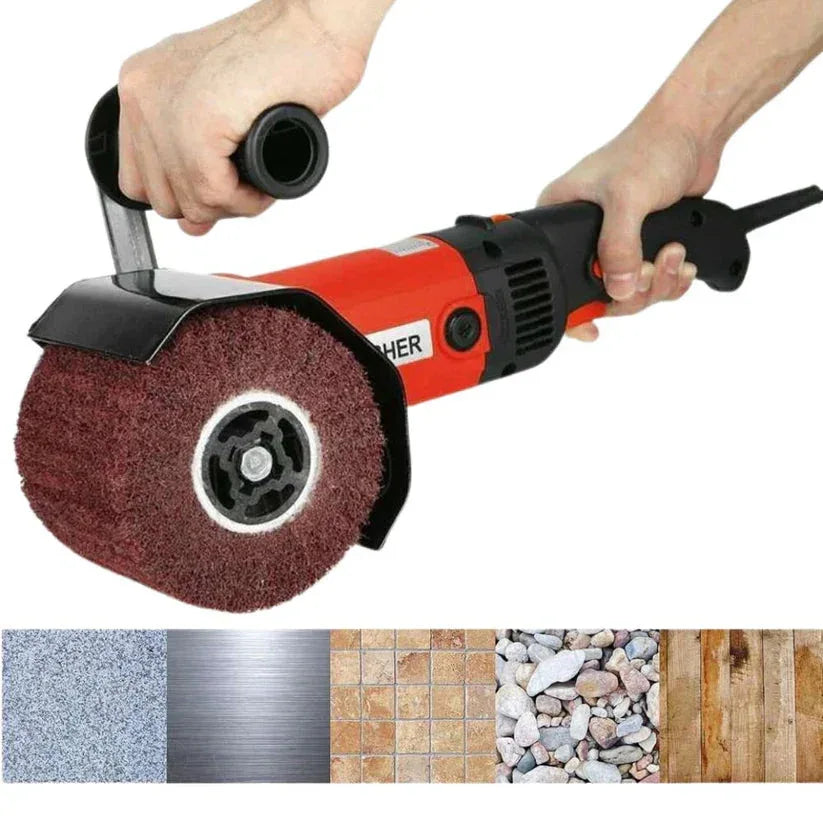 Handheld sander with sanding wheel, used for various materials on a white background

