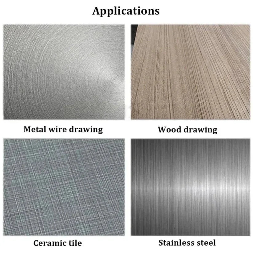 Four different textured surfaces labeled 'Metal wire drawing', 'Wood drawing', 'Ceramic tile', and 'Stainless steel'.

