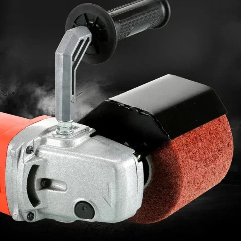 Close-up of a sander with a red sanding disc on a dark background

