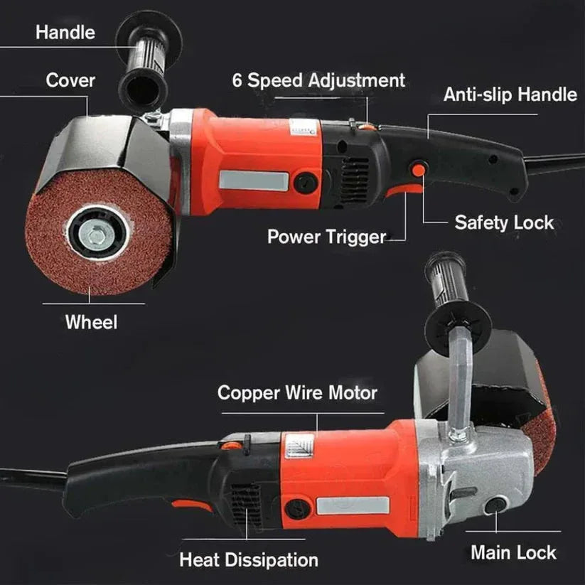 Diagram of an angle grinder with labeled parts on a black background

