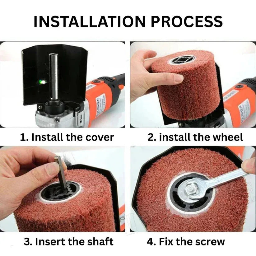 Step-by-step installation process of a grinding wheel with text labels.

