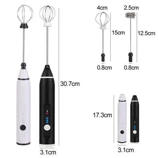 Electric milk frother with measurement details on a white background

