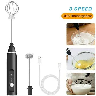 Black handheld mixer with USB rechargeable feature, shown with images of use and product details.

