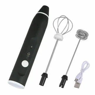 Black handheld electric mixer with attachments on a white background

