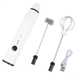 White handheld blender with attachments on a white background

