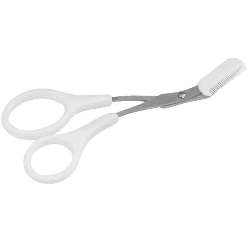 White scissors with a comb on a white background


