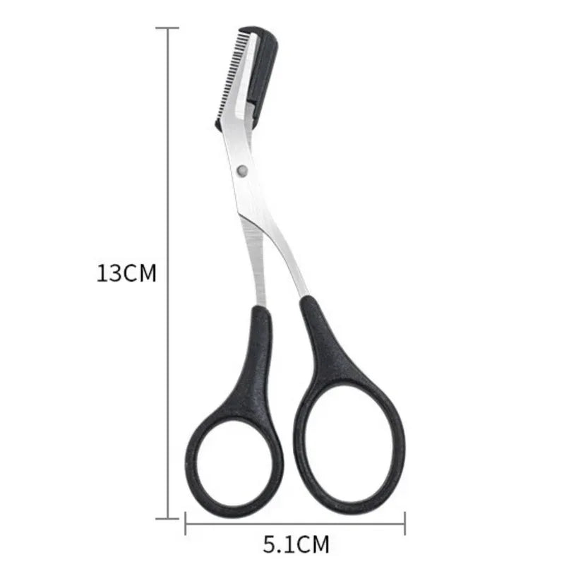 Hair scissors with a comb attachment, shown with measurements on a white background

