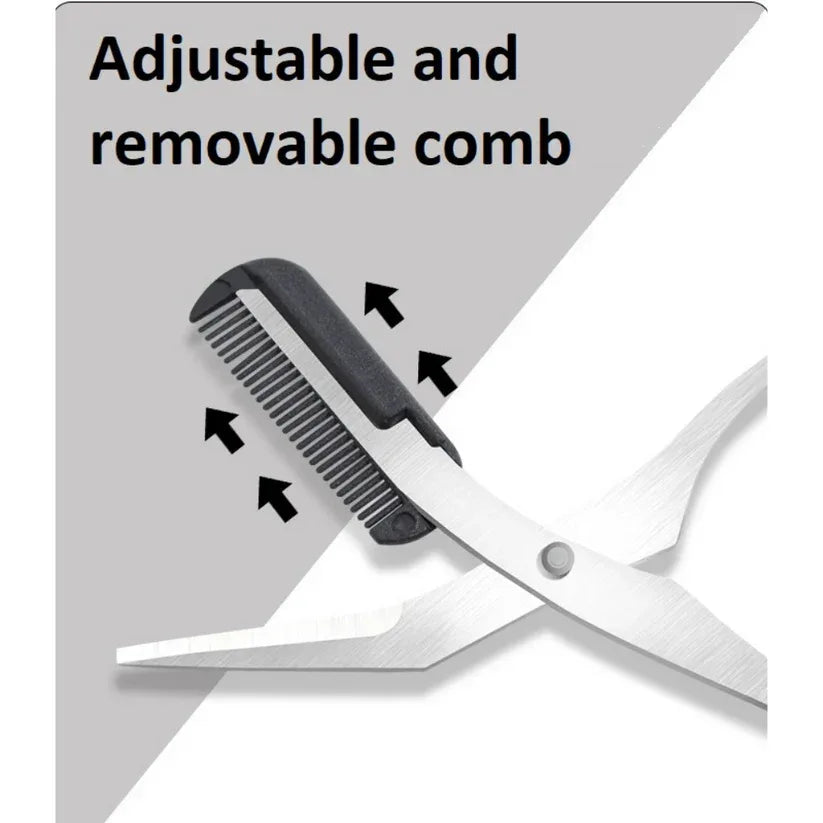 Scissors with an adjustable and removable comb on a gray background

