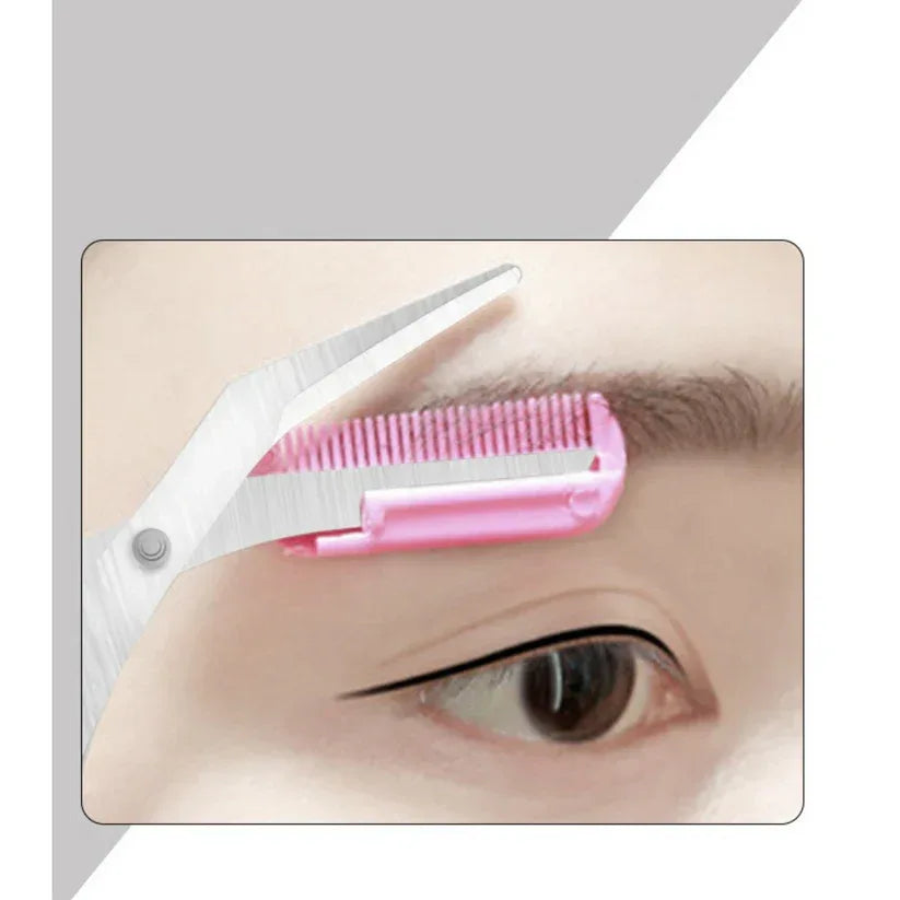 Eyebrow grooming tool with comb and scissors on a close-up of an eye.

