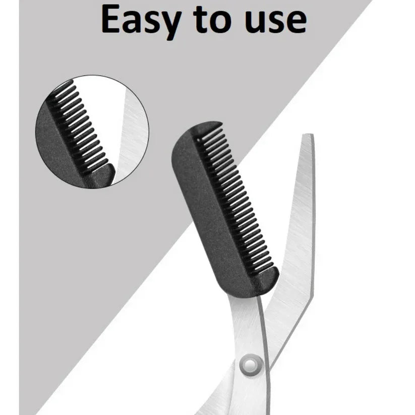 Scissors with a comb attachment on a gray background, labeled 'Easy to use'.

