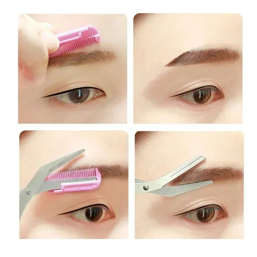 Step-by-step process of using an eyebrow grooming tool on a person's eyebrows.

