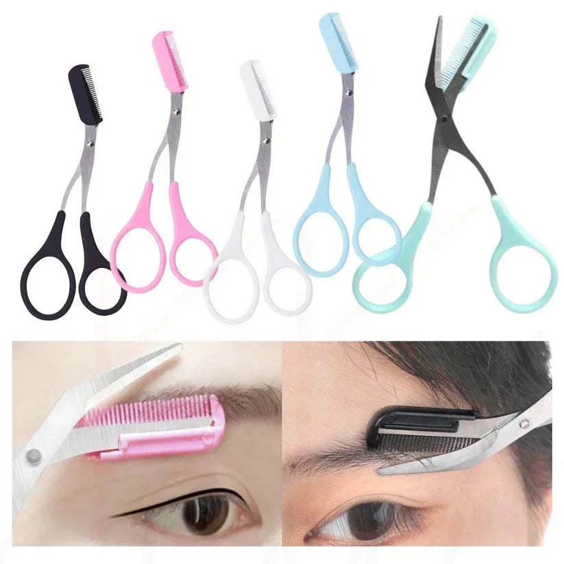 Set of eyebrow scissors with different handles on a white background, with close-up images of using the scissors on eyebrows.

