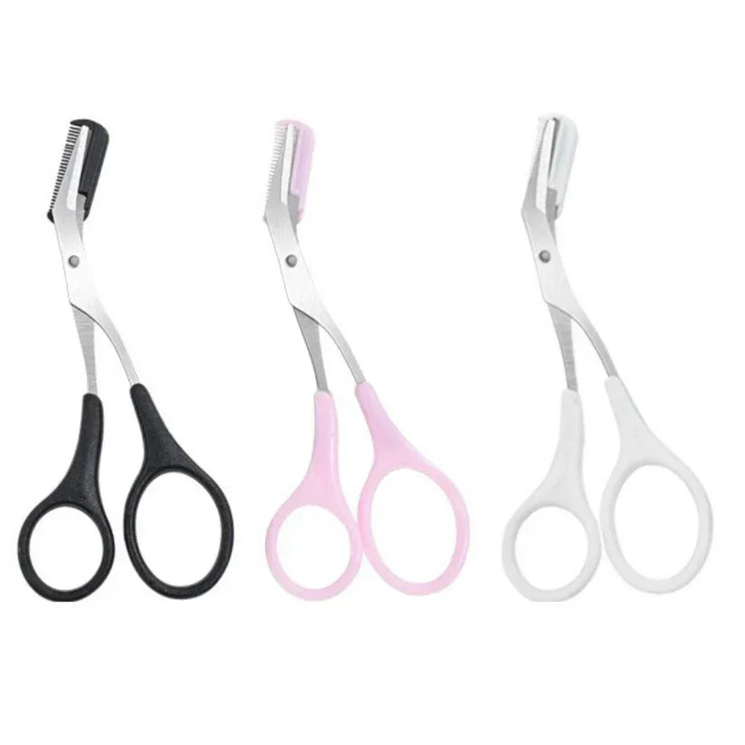 Three pairs of scissors with black, pink, and white handles on a white background

