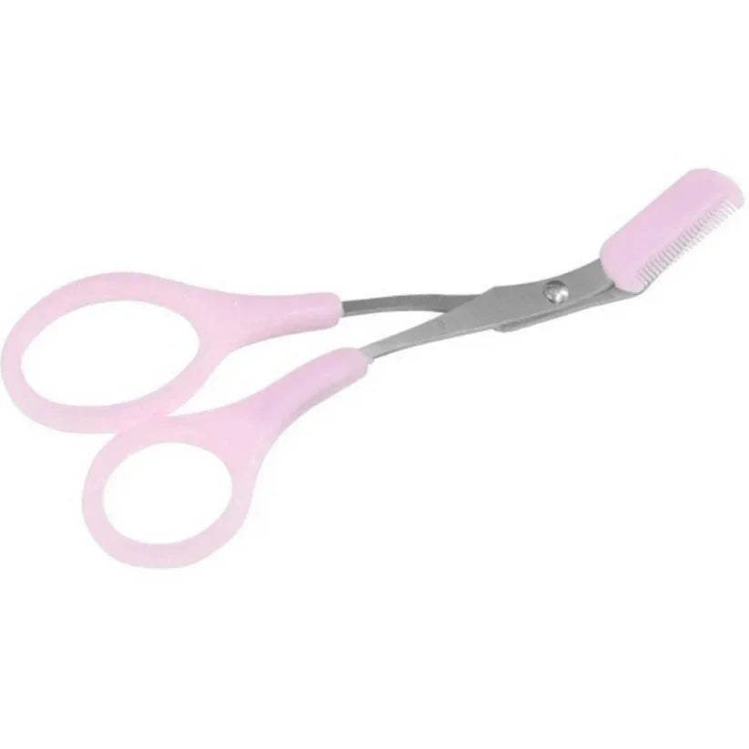 Pink pet grooming scissors with a comb on a white background

