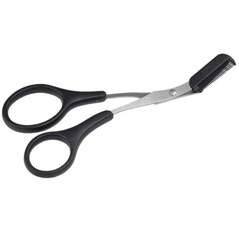 Black-handled scissors with a comb on a white background

