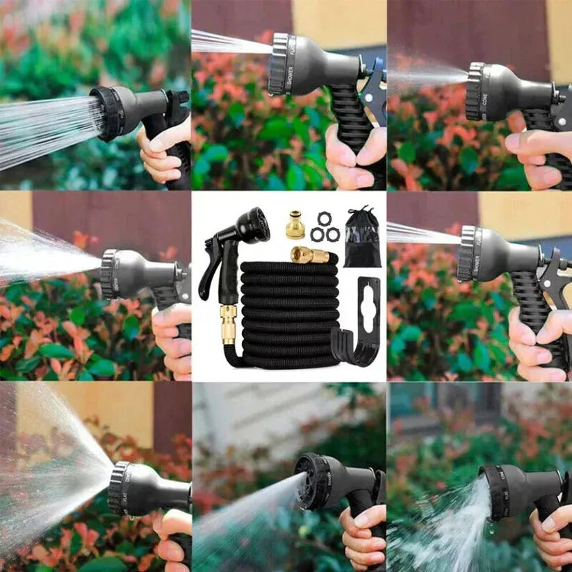 Collage of a garden hose nozzle and flexible hose being used outdoors.

