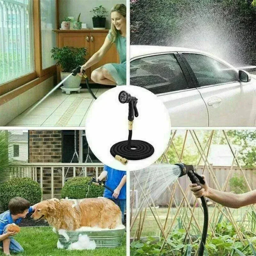 Collage of a flexible hose being used for various tasks including cleaning a car, washing a dog, and watering plants.

