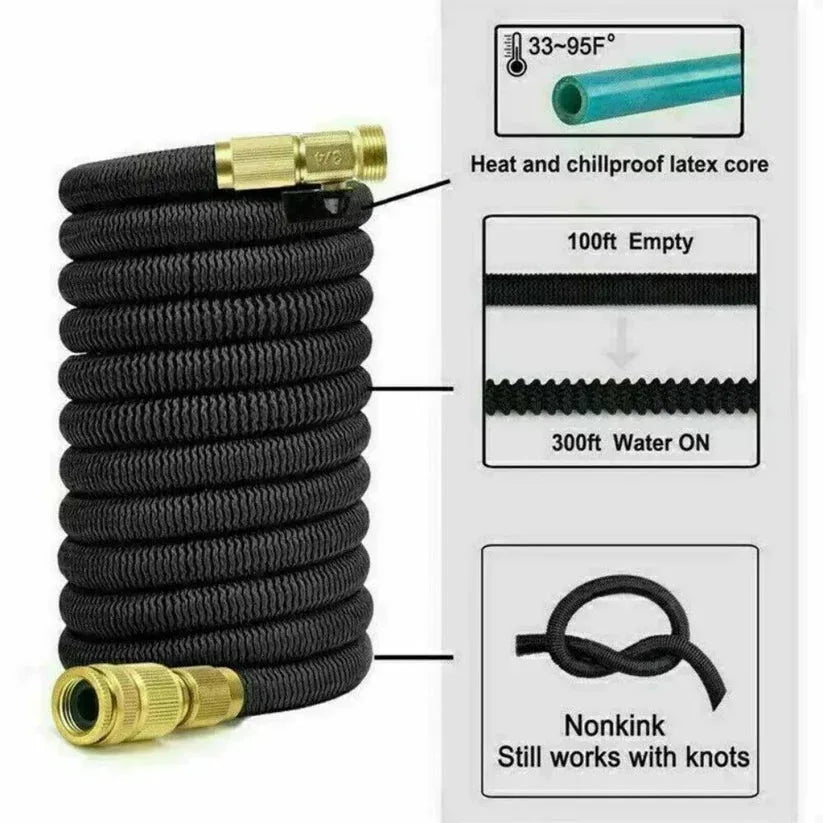Black expandable garden hose with brass connectors on a white background


