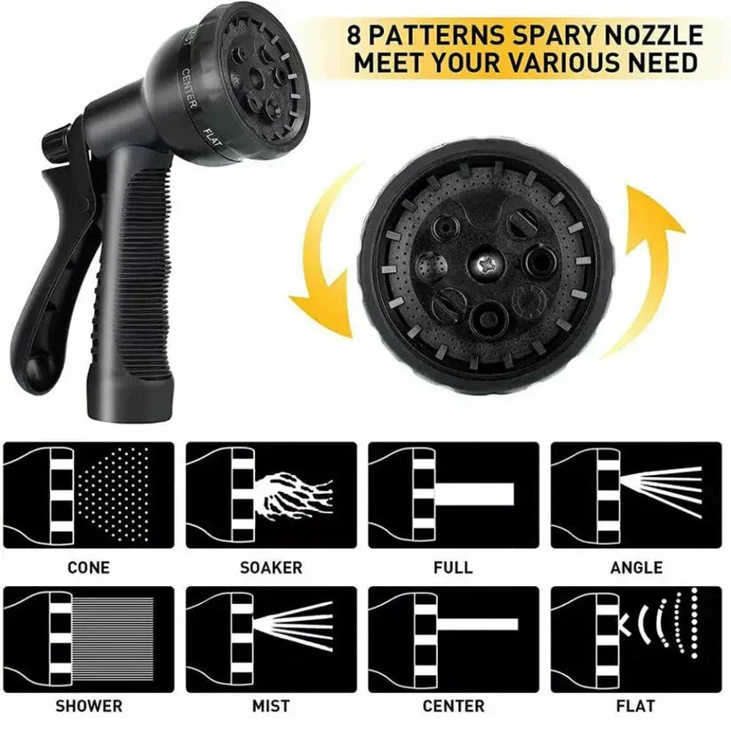 Black spray nozzle with interchangeable nozzles and spray patterns on a white background

