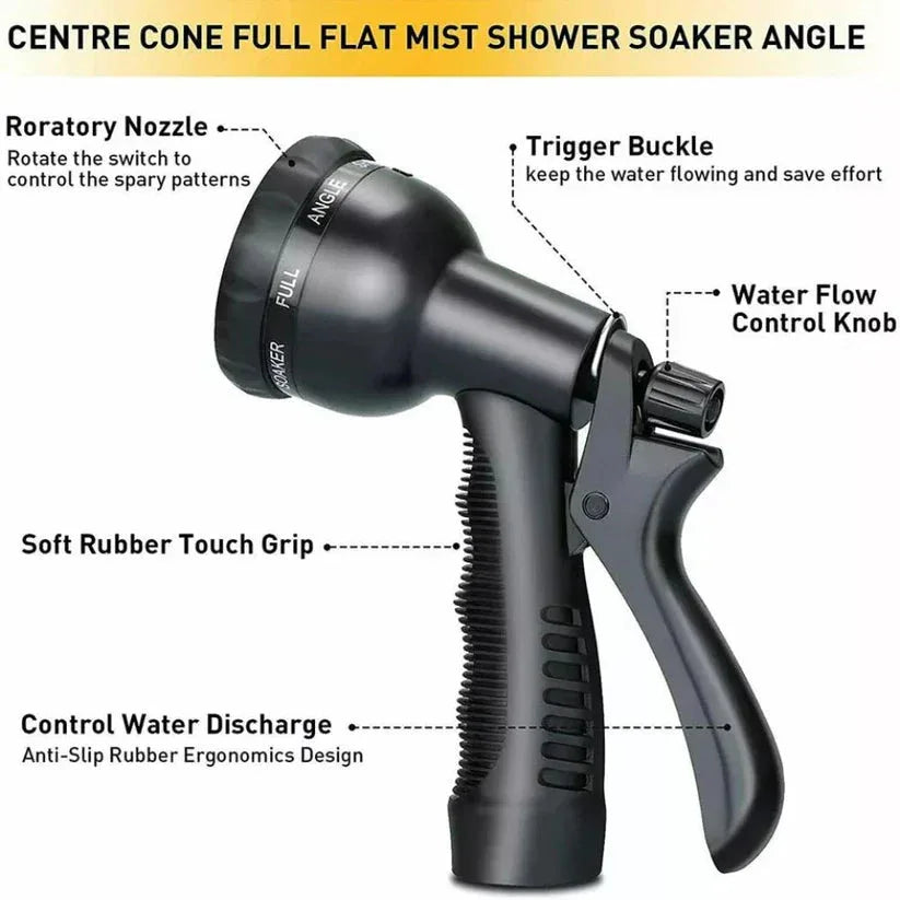 Black shower head with labeled features on a white background

