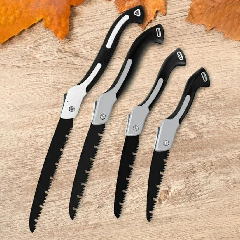 Set of four folding pruning saws on a wooden surface with autumn leaves.

