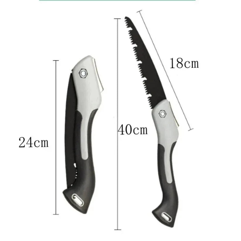 Folding saw with measurements on a white background

