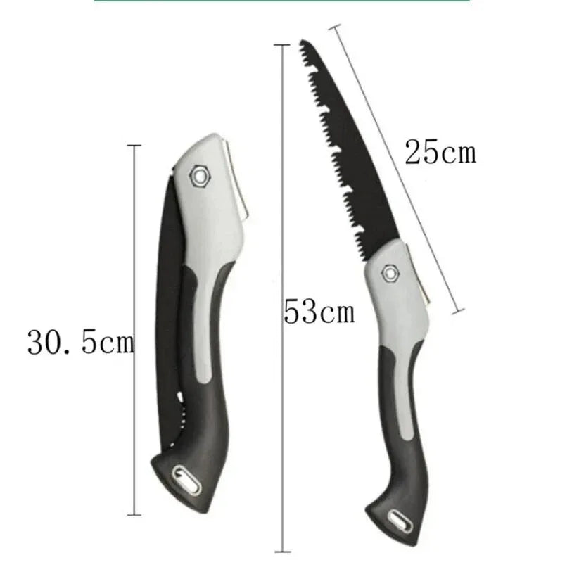 Folding saw with measurements on a white background

