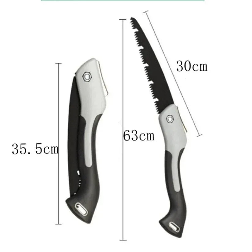 Folding saw with measurements on a white background

