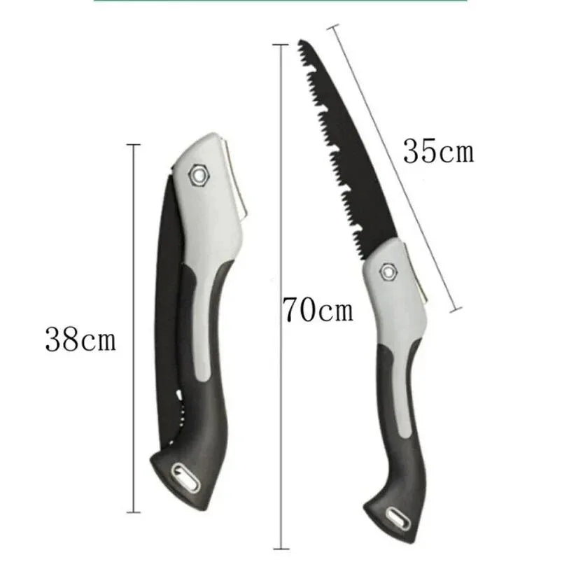 Folding saw with measurements on a white background

