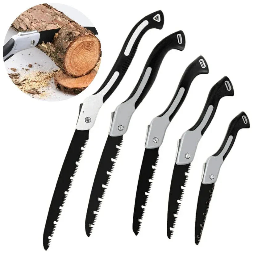 Set of folding saws with a close-up inset showing their use on wood.

