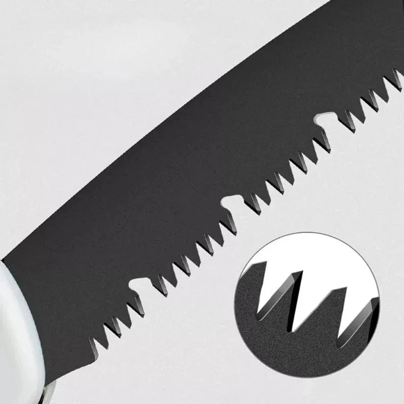 Close-up of a knife blade with a brand logo on a white background

